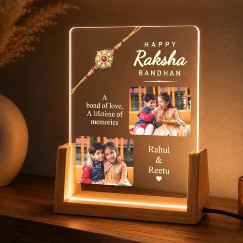 Image of Giftplease Personalized Raksha Bandhan LED Acrylic Photo Lamp with Wooden Base, Custom Brother Sister Picture Frame, Festival Home Decor, Warm Ambient Night Light, Keepsake Memory Display