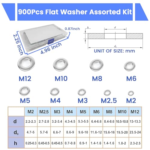 Image of Serplex 900 Pcs 304 Stainless Steel Flat Washers Assorted Kit, 9 Sizes-M2 /M2.5 /M3 /M4 /M5 /M6 /M8 /M10 /M12 Sizes, Metric Washer Set for Screws & Bolts, Corrosion-Resistant Industrial Hardware Accessories