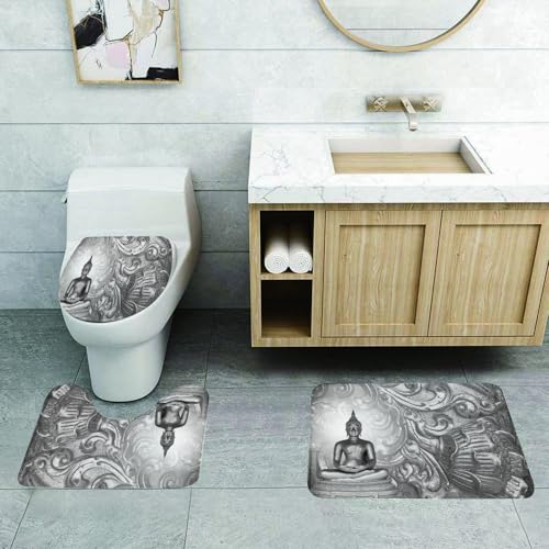 QRFASFZO Lot de 3 Tapis de Bain et Tapis de Bain Doux en Microfibre antidérapant,Absorbant l'eau,pour Douche,Baignoire et WC,Statue de Bouddha Monochrome, Un...