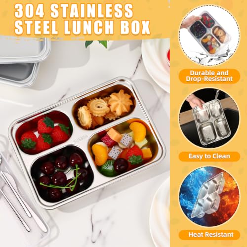 Image of 8 Pack Stainless Steel Snack Container with Lids, 4 Compartment Leakproof Bento Boxes, Reusable Metal Lunch Box & 8 Sets Portable Travel Utensil Flatware Set for Office, Travel