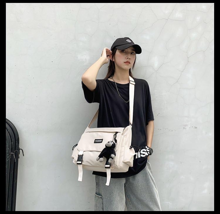 Image of Aesthetic Crossbody Bag with Cute Pins and Ornament, Nylon Shoulder Messenger Bag Japanese Kawaii Bag for Women Men