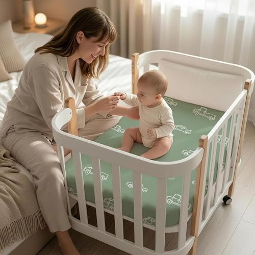 Image of Gllquen Baby Bedside Sleeper Bassinet Sheets 33x20 Inch 4 Pack Girl Boy | Soft OEKO-TEX Certified Bassinet Crib Sheet, Compatible with Baby Delight, Newton Rectangle Bassinet Mattress, Green Car