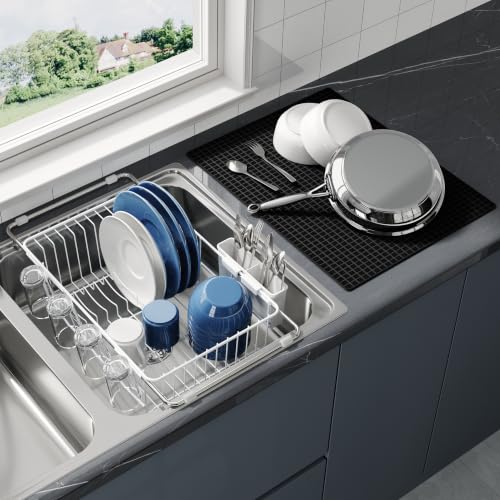 Image of JASIWAY White Dish Drying Rack in Sink with Mat, Cups and Utensil Holder