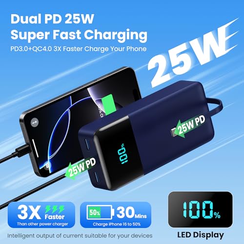 Image of Portable Charger 50800mAh Power Bank with 3 Built in Cables,25W PD QC4.0 Fast Charging USB C Battery Pack,6 Outputs 2 Inputs Travel Essentials Phone Charger for iPhone 17 /16 /15,Google,Android,Blue