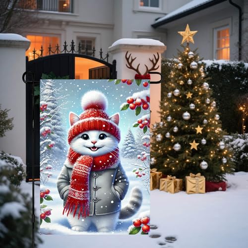 Image of BlissYard Garden Flag Kitten Red Hat Winter 12x18 Inch Polyester