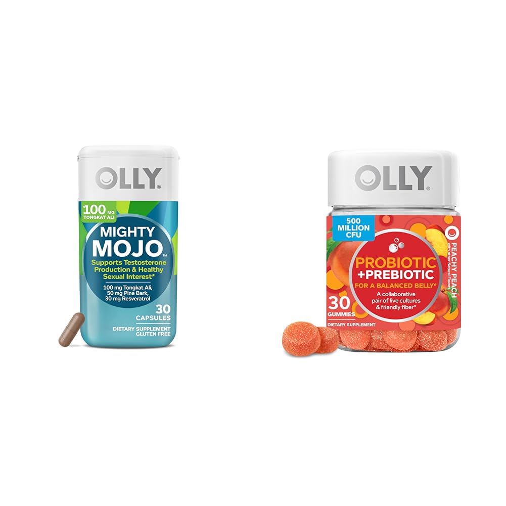 OLLY Mighty Mojo, Tongkat Ali, Resveratrol & Pine Bark, Testosterone with Antioxidant Support & Probiotic + Prebiotic Gummy, Digestive Support and Gut Health, 500 Million CFUs, Fiber