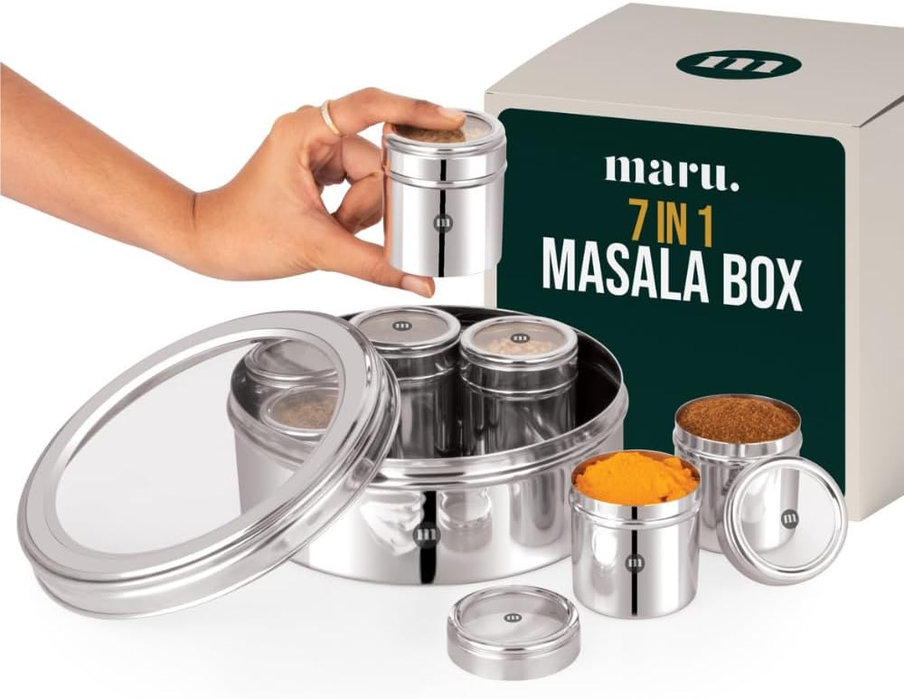 MARU 7-in-1 Stainless Steel Masala Dabba with See-Through Lids Complete Spice Box Set with 7 Individual Containers, Durable Heavy Gauge, Lightweight Design for Kitchen Organization, Silver