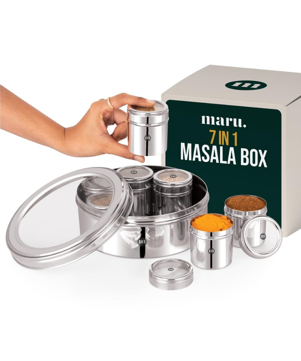MARU 7-in-1 Stainless Steel Masala Dabba with See-Through Lids Complete Spice Box Set with 7 Individual Containers, Durable Heavy Gauge, Lightweight Design for Kitchen Organization, Silver