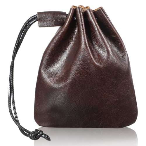 XLIUAX Bolsa de cuero con cordón, bolsa de almacenamiento de joyas de cuero vacuno, bolsa impermeable para monedas, monedero retro para llaves y auriculares (pequeño)