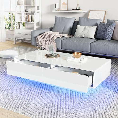 BTM Table Basse LED Via APP, Table Basse Blanc avec 2 Tiroirs, Rectangulaire Coffee Table, Style Moderne, Charge 30kg, 115x55x34cm
