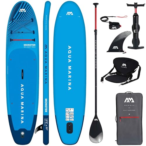 CampSup Aqua Marina Monster 12'0" – Tabla de surf hinchable todoterreno para principiantes con asiento de kayak, juego completo – edición limitada azul