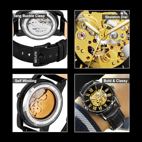 Image of Benling Skeleton Analog Automatic Watch for Men, Mechanical Movement, Leather Strap, Formal Casual Party Official Purpose