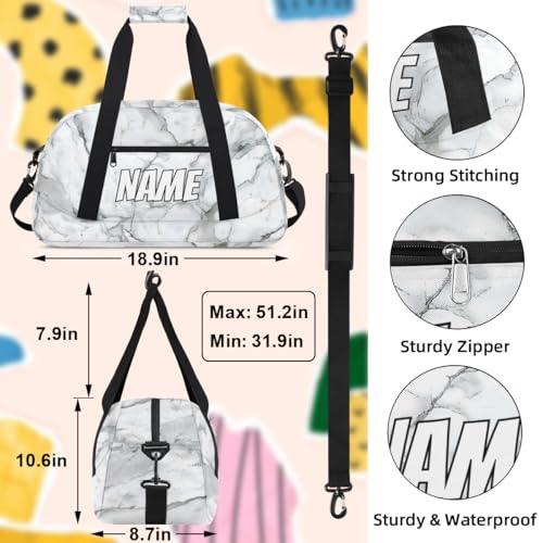 Personalized Custom Gym Bag for Women Men Carry on Marble Print Travel Duffel Tote Grey White Overnight Workout Weekender Bag3