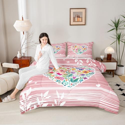 Image of Erosebridal Pink Valentine Full Bedding Set Love Heart Flowers Comforter Set for Kids Girls Romantic Floral Heart Shaped Comforter Geometric Stripes Cottagecore Duvet Insert