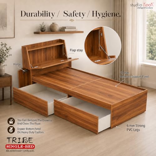 Image of Studio Kook Tribe Headboard Storage Engineered Wood Single Bed with Drawers (Amber Walnut, Left Side Drawer)