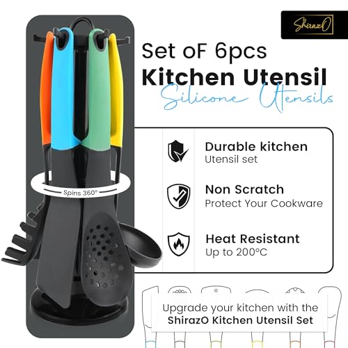 Cucina da cucina con utensili Ohanian Multi colore Set di 6 strumenti di alta qualità su supporto rotante Include cucchiaio mestolo Skimmer Cucchiaio scanalato Turner Forchetta per spaghetti - immagine 3