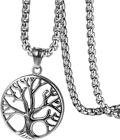Flongo Men's Stainless Steel Vintage Life Tree Christmas Wedding Necklace Anniversary Tree of Life Valentine Gift Turkish Men Pendant Necklace