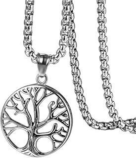 Flongo Men's Stainless Steel Vintage Life Tree Christmas Wedding Necklace Anniversary Tree of Life Valentine Gift Turkish Men Pendant Necklace