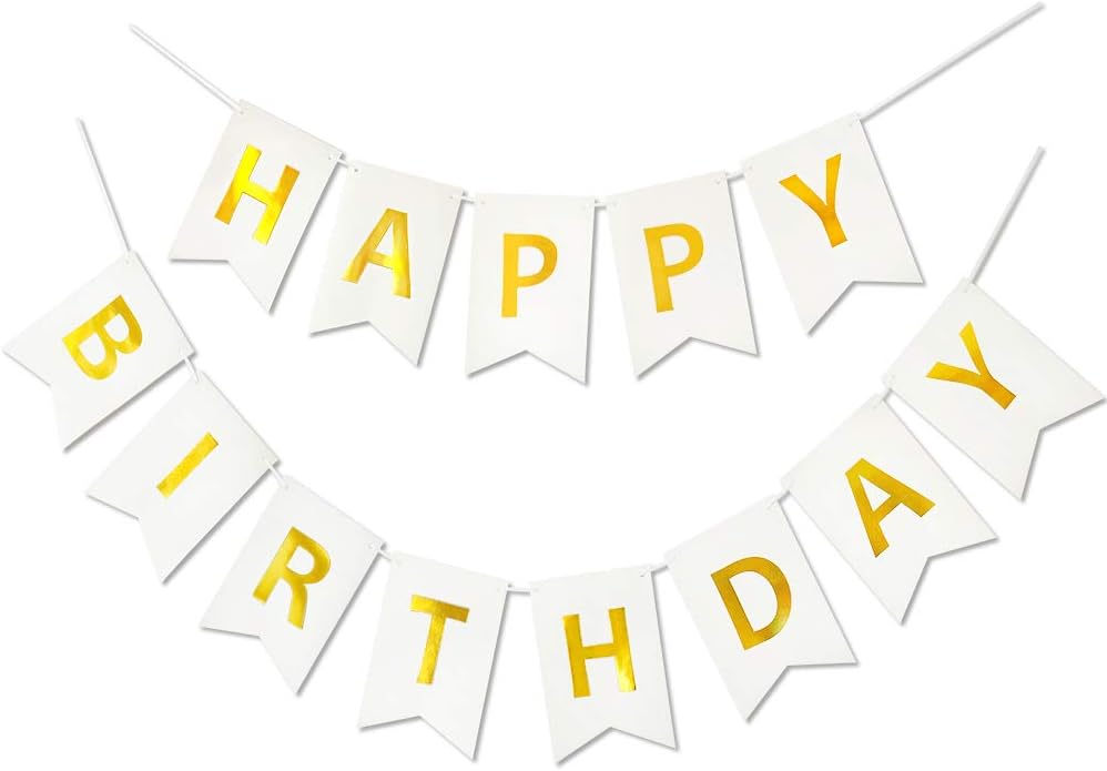 Happy Birthday Banner Sparkle White Golden Bunting Signs Party Supplies for Birthday Party Decorations 13 Pieces