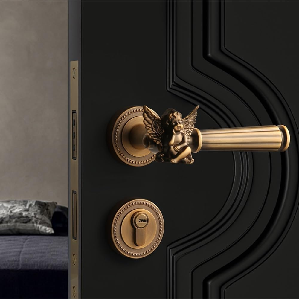 Door Knob Angel Entry Door Handle with Lock and Key Secure Keyed Lever Exterior for Front Entrance Bedrooms Single Lock Doors Levers(Silent Version)