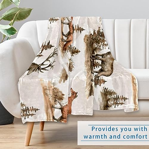 Couverture cerf et renard en aquarelle douce 150x100 cm pour lit