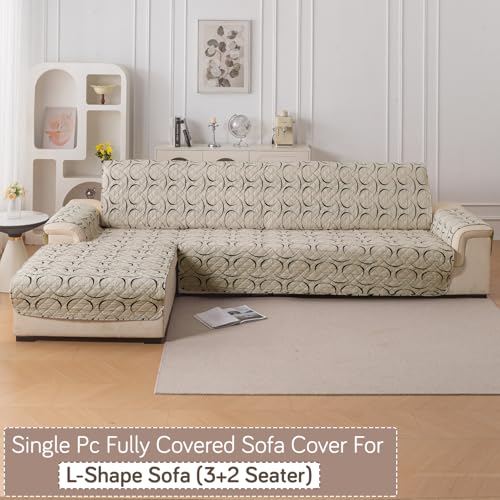 Image of HOKIPO 'Elira Series' Printed Quilted One-Piece L Shape 5 Seater (3+2) Sofa Cover with Left Chaise | Anti-Slip Design, Natural Beige Abstract Art (AR-5374-C4)