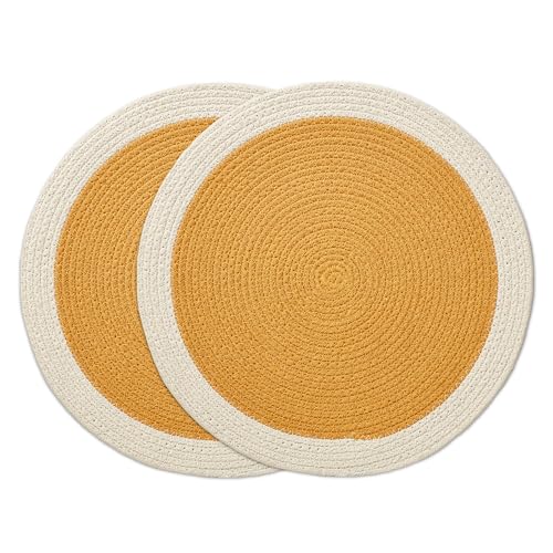 Image of Dining Table Mats Set of 2 | Cotton Table Mat 32 cm Diameter, Encasa XO Washable Round Table Mats, Heat Resistance Dining Table Placemats, Handmade Ribbed Style for Centre Table, Yellow & Off White