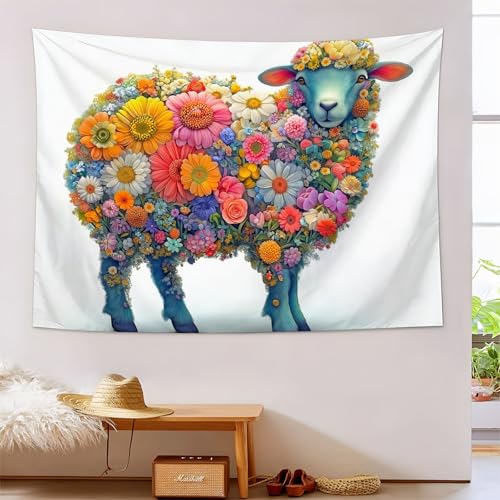 Tapiz de ovejas florales psicodélicas, póster grande de tela color marfil para salón, 150x230cm