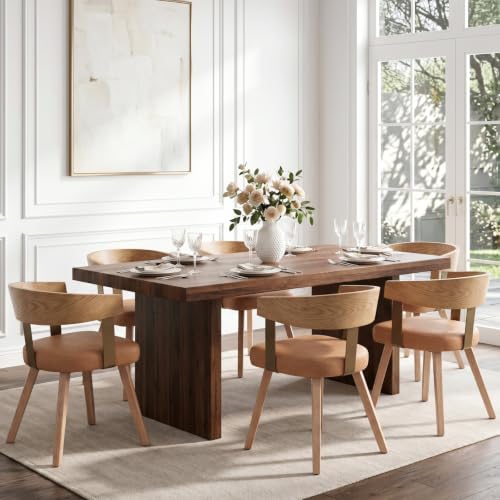 CIMOTA Leather Dining Chairs Set of 6, PU Upholstered Dining Room Chairs with Barrel Back/Solid Wood Legs, Wood Kitchen Chairs for Kitchen & Dining Room Restaurant, Brown