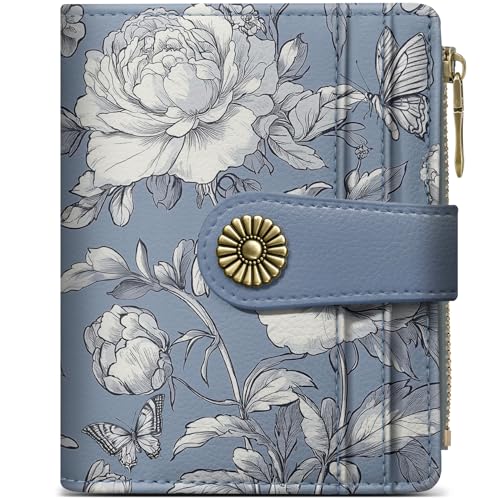 Image of Small Wallet for Women, RFID Blocking Bifold Card Holder Wallet with 10 Card Slots, Cash Compartment, Zipper Coin Pocket & ID Window, Cute Soft Vegan Leather Compact Wallet, Butterfly Peony
