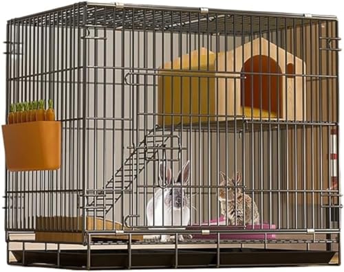 Xemuar ウサギケージ 大きい 折りたたみ 引き出しトイレ付き 広々二層 屋根付き天井扉 室内小動物ハウス ペットケージ 簡単組立 掃除ラクラク フェレット/デグー/モルモット対応 (70×50×60cm ピンク) (70*50*60cm二層,ブラック