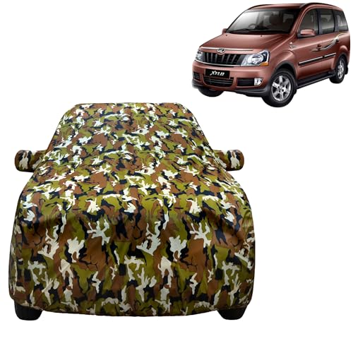 Image of VYAS 100% Waterproof Car Body Cover for Mahindra Xylo (2009-2019) with Mirror Pocket Triple Stitched Belt & Buckle Fitting Dual Elastic, Durable Material Jungle Print Camouflage Design