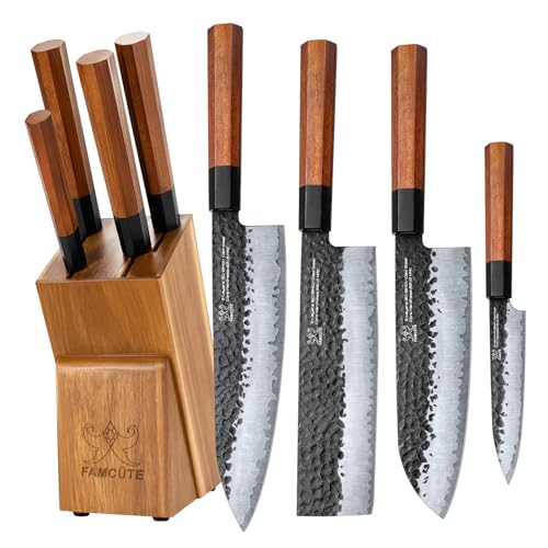 Comparison: Best Knife Set Japanese 10 FAMCüTE Japanese Knife Block Set, Hand Forged 5-Layer 9CR18MOV Clad Steel Ultra Sharp Kitchen Knives with Wooden Storage & Rosewood Handle, Includes Chef, Santoku, Nakiri, Fruit Knife for Home Mom/Dad