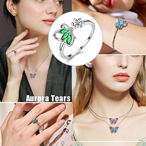 Aurora Tears Butterfly Jewelry Set,925 Sterling Silver Butterflies March-Aquamarine Birthstone Pendant Necklace/Earrings/Rings/Bracelets For Wedding Gift #TOP1