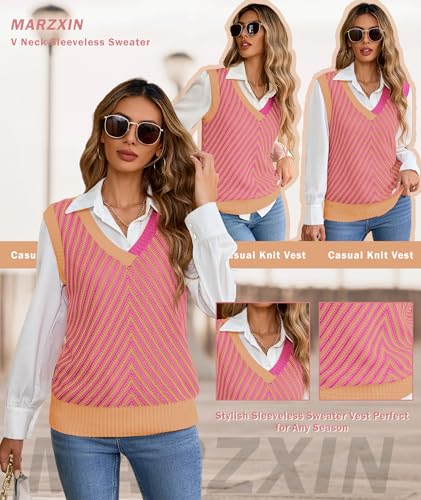 MARZXIN Women Sleeveless Sweater V Neck Casual 2025 Fall Knitted Chevron V Neck Sweater Vest Color Block Pullover Sweater Top2