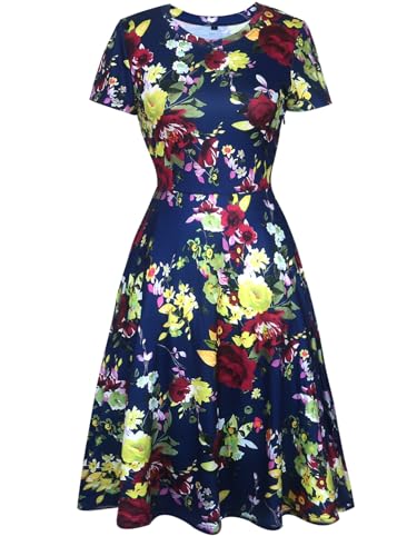 Image of oxiuly Women Casual Dress Round Neck Soft Cotton Floral A-Line Midi Summer Dresses with Pockets OX262