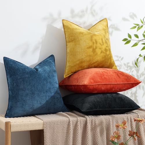decorUhome Couch Throw Pillow Covers 18x18 Set of 2, Decorative Soft Euro Neutral Chenille Pillow Covers with Elegant Design for Sofa Bed Living Room Home Decor, Black