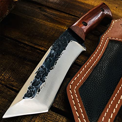 AULAKNIV Custom High Hardness Forging Slicer Vacuum Heat Treatment Sharp Tanto Blade Heavy Tactical Hunting Knife, Outdoor Camping Survival Knives W/ Cowhide Sheath