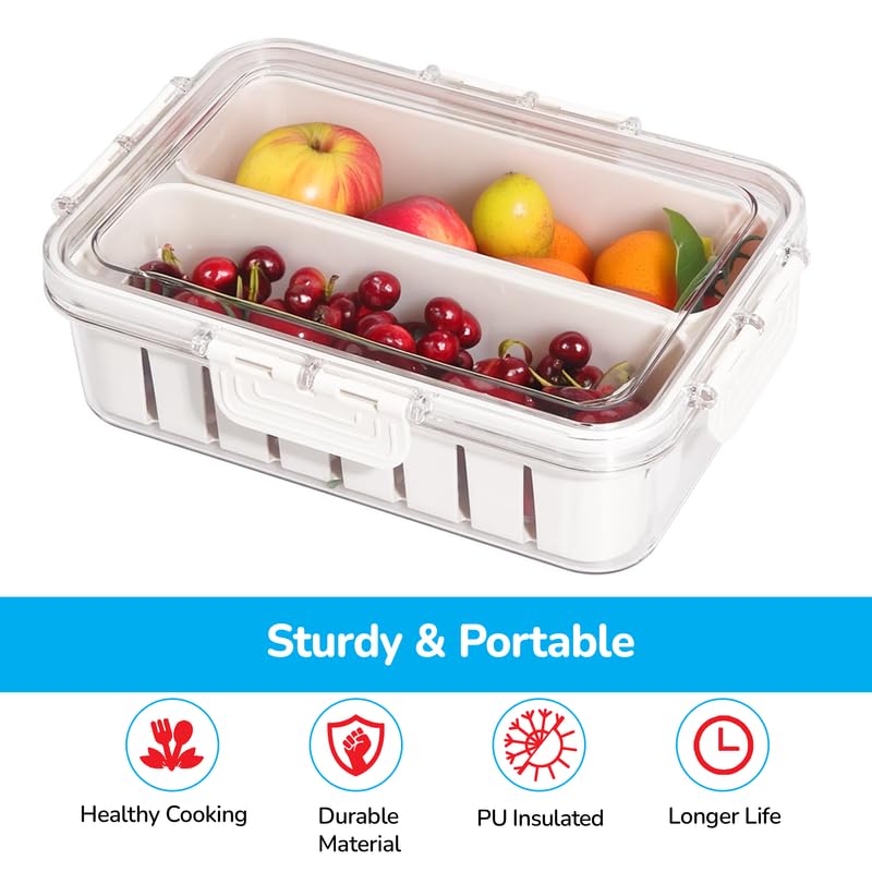 PRIME PICK Fresh Store Fridge Storage Container Airtight Food Drain Box with Removable Drain Plate Vegetable Fruit Crisper Divider Freezer Storage Organizer White 1