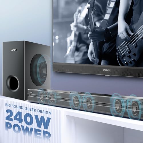 Image of Intex 2.1 Ch 240W Bluetooth Soundbar | 360 Surround Sound & Deep Bass | Remote Control | 6.5 inch Subwoofer, Bluetooth v5 | USB, HDMI, AUX in & Optical Connectivity (Black)