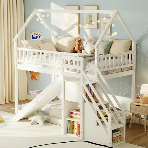 KOMFOTT Wood Twin Over Twin Bunk Bed with Slide & Staircase Twin House Bunk Bed with Safety Guardrails & Storage Floor House Bed with Wooden Slat Support for Boys Girls No Box Spring Needed (White)
