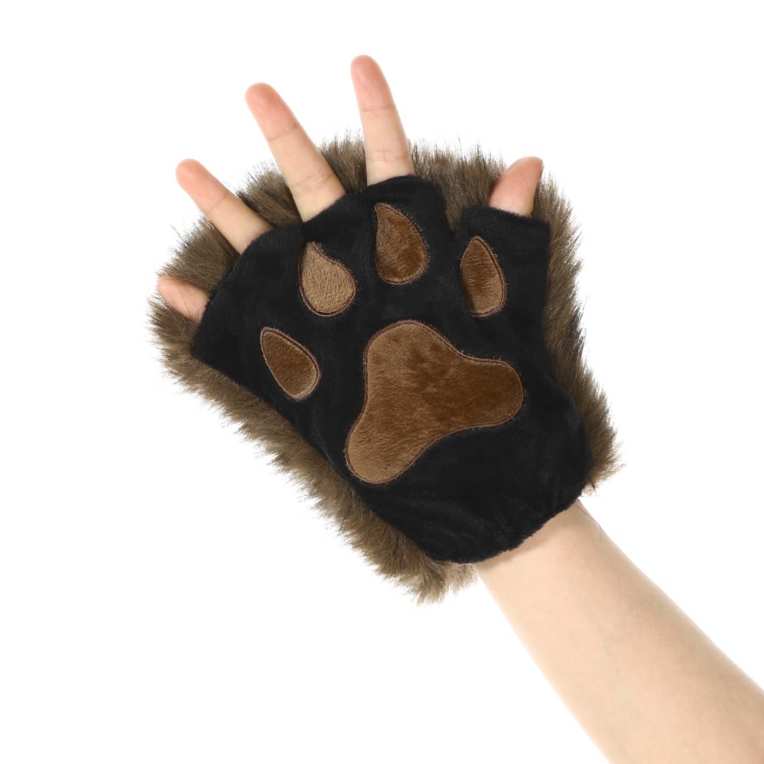 ITODA Furry Cat Paw Animal Gloves Cartoon Bear Paw Claw Glove Winter Warm Mitten Half Finger Gloves Hairy Hand Warmer Party Cosplay Costume Glove for Adult (Deep Brown)
