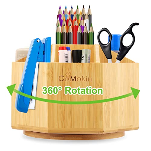 CoMokin Bamboo Art Supply Organizer, 360 Grad drehbarer Stifthalter mit 9 Fächern, hält 350+ Bleistifte, Desktop Aufbewahrungsbox für Buntstifte, Fernbedienung mit herausnehmbarem Trennblatt Cover