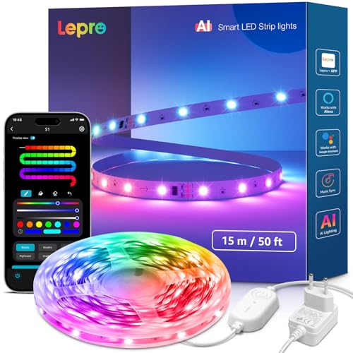 Lepro S1 IA Ruban LED Connecté 15M, Concepteur d'Éclairage IA Personnalisé, Bande LED Wifi RGB+IC App Contrôle, Sync Musique, Compatible avec Alexa et Google Assistant pour Maison Chambre Gaming