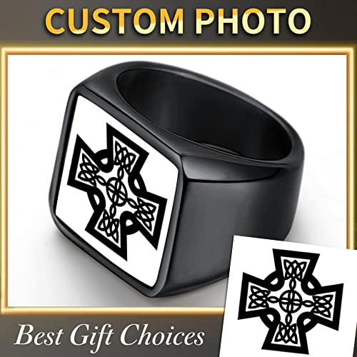 ChainsHouse Signet Rings Solid Polished Stainless Steel Biker Ring for Men Women, 316L Stainless Steel/18K Gold/Black Metal Plated, Text Engraving/Photo Custom, Size 7 to 14, Send Gift Box2