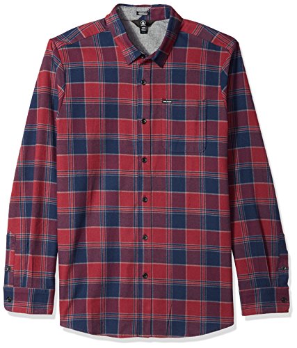 Volcom Men's Caden Long Sleeve Button Up Flannel Shirt, Crimson, XS