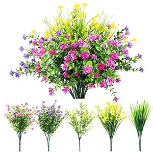 Artificial Flowers Outdoor Faux Floral Bouquet 9 Bunches, Plastic Flower, UV Resistant Shrubs Plants Fake Flowers Bulk for Indoor, Home Gardens, Porches, Windows Arrangements Decor Mixed Color