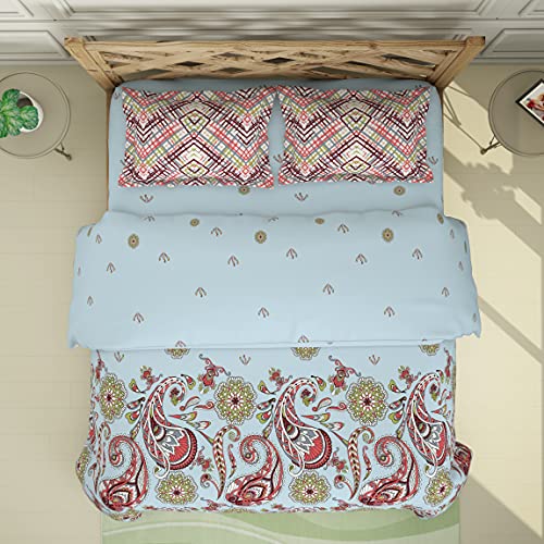 Image of SPACES Atrium 100% Cotton Shell Bed in a Bag Health Layer Protects for allergens & restricts Fibre Migration Soft Feel Skin Safe Breathable (Ornate, 224CMX274CM /224CMX270CM /43CMX68CM) - Delicate Blue