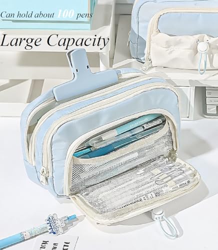 Image of FINPAC Pencil Case, 5-Layer Large Capacity Pen Case with Drawstring, Durable Stylish Bag Pouch Holder Box Organize for Study, Office, or Travel (Blue)