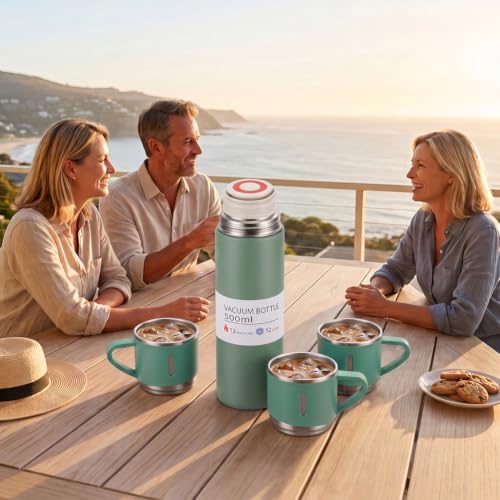 Set de 4 piezas vaso de acero inoxidable, botella de 500ml con 3 vasos pequeños, verde miniatura 7